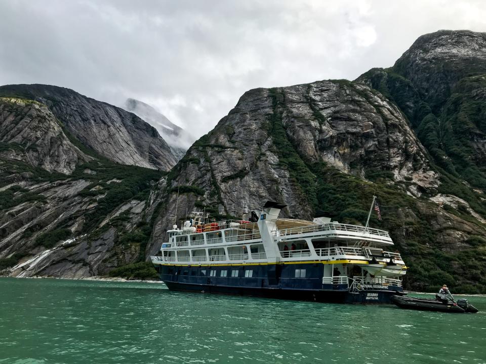 The National Geographic Sea Bird ship sailing through a fjord bout 50 miles south of Juneau.