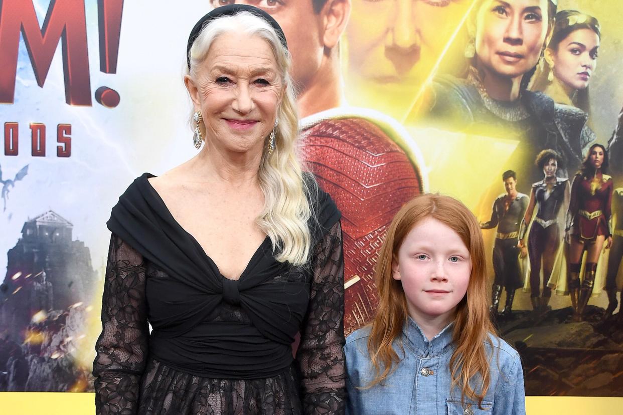 Helen Mirren and Grandson Basil attend the Los Angeles Premiere Of Warner Bros.' "Shazam! Fury Of The Gods" held at Regency Village Theatre on March 14, 2023 in Los Angeles, California.
