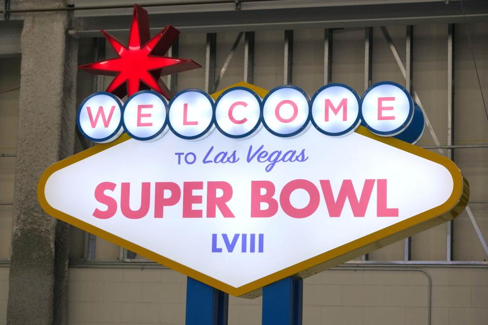 Feb 4, 2024; Las Vegas, NV, USA; A Welcome to Las Vegas Super Bowl 58 at team arrivals at the Harry Reid International Airport. Mandatory Credit: Kirby Lee-USA TODAY Sports
