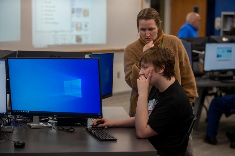 Hopkinton High School junior Jake Strother and paraprofessional Stephanie Lill visited the Cyber Range workshop at the Center For Cybersecurity Education at MassBay Community College, April 3, 2024.