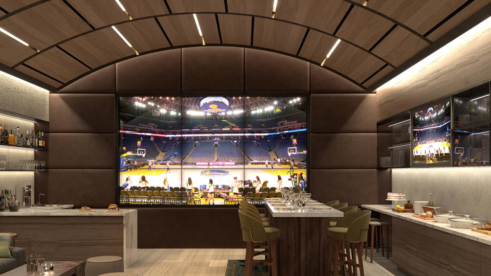 San Francisco’s Chase Center offers courtside seats for Golden State Warriors fans, as well as private lounges with wall-size screens.