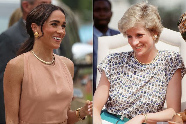 <p>KOLA SULAIMON/AFP via Getty, Tim Graham Photo Library via Getty</p> Meghan Markle at Lightway Academy in Abuja, Nigeria on May 10, 2024; Princess Diana in Lagos, Nigeria in March 1996.