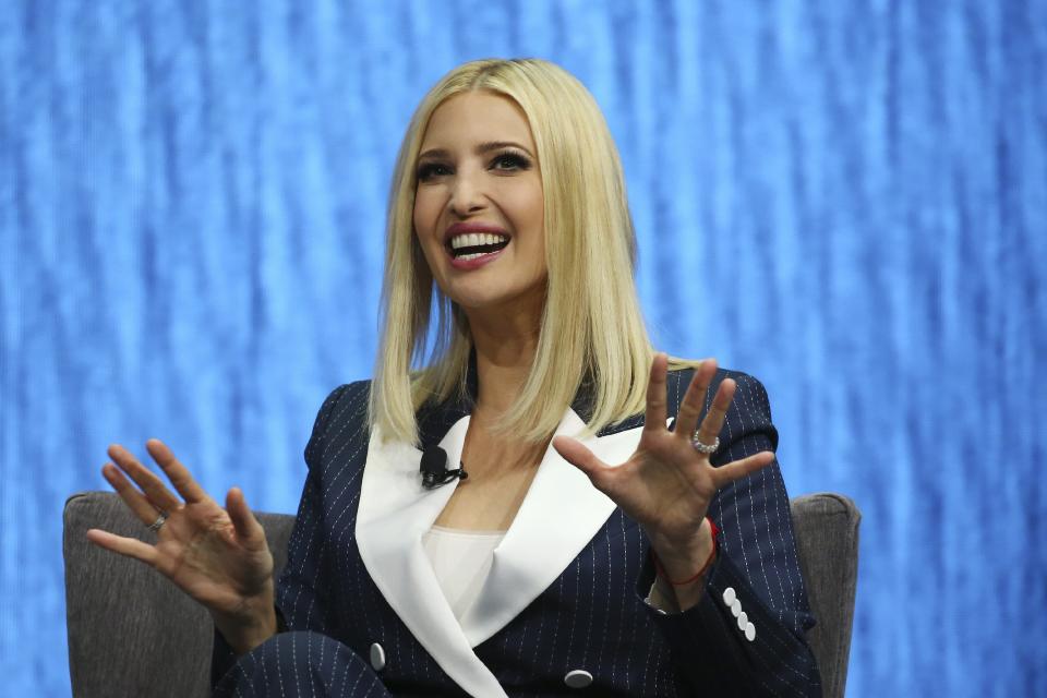 Ivanka Trump, the daughter and senior adviser to U.S. President Donald Trump, answers a question as she is interviewed at the Consumer Technology Association Keynote during the CES tech show Tuesday, Jan. 7, 2020, in Las Vegas. (AP Photo/Ross D. Franklin)