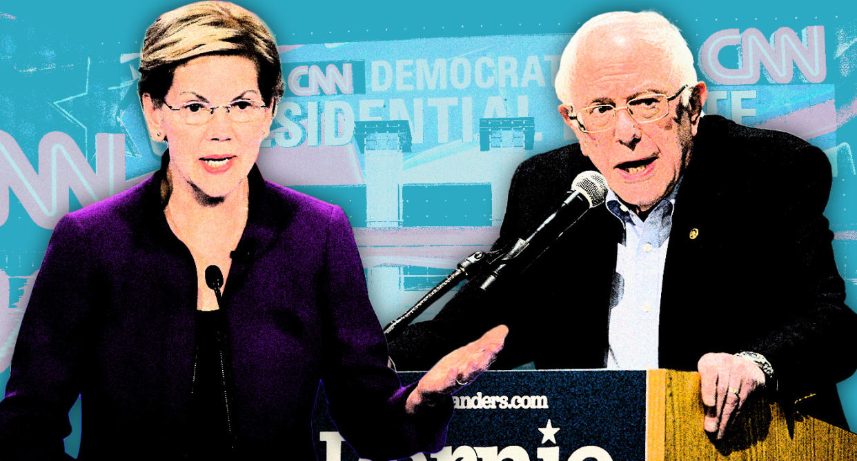 Elizabeth Warren and Bernie Sanders. (Photo illustration: Yahoo News; photos: AP(2), Peter Morgan/AP)