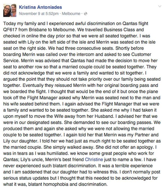 Ms Antoniades' message to Qantas on Facebook. Source: Supplied