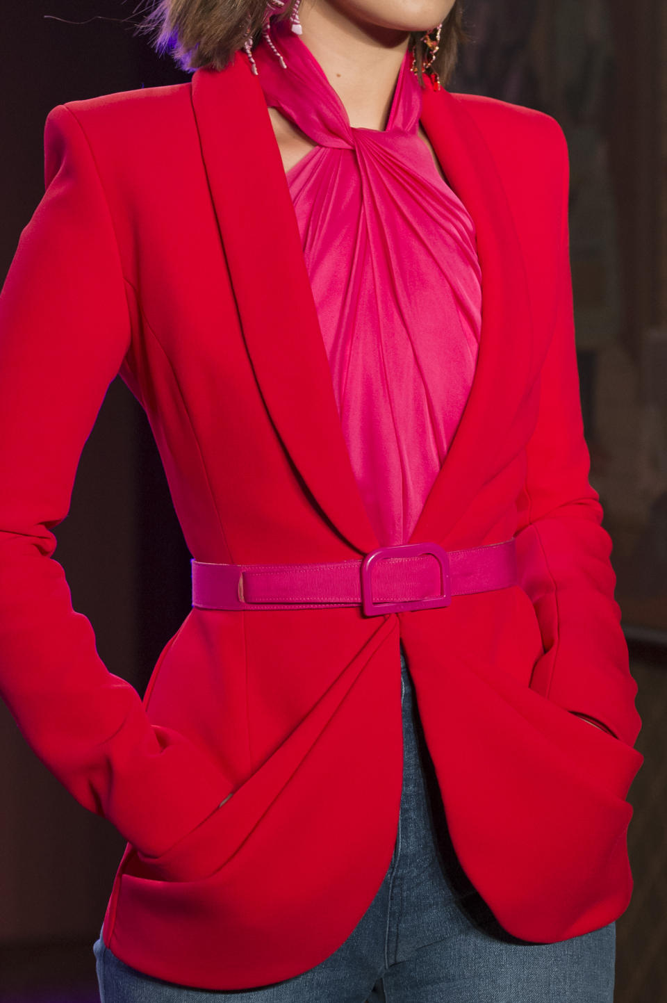 <p><i>Hot-pink skinny belt from the SS18 Brandon Maxwell collection. (Photo: ImaxTree) </i></p>