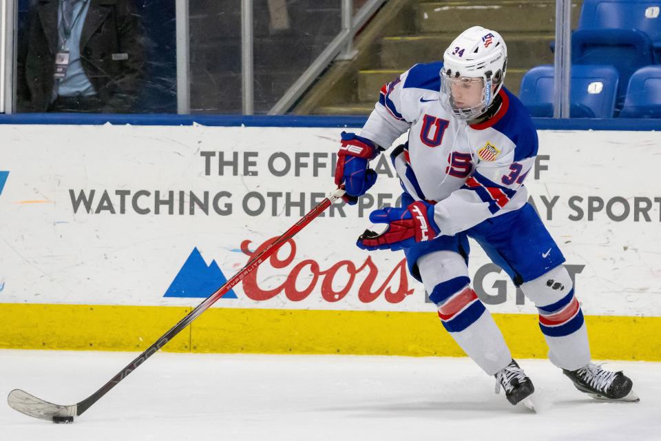 Feb 7, 2024; Plymouth, MI, USA; USA’s Cole Eiserman (34) controls the puck against Finland during the third period of the 2024 U18’s Five Nations Tournament at USA Hockey Arena. Mandatory Credit: David Reginek-USA TODAY Sports