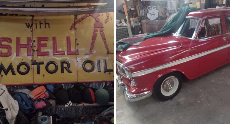 A yellow shell motori oil sign in a garage alongside an old red holden.