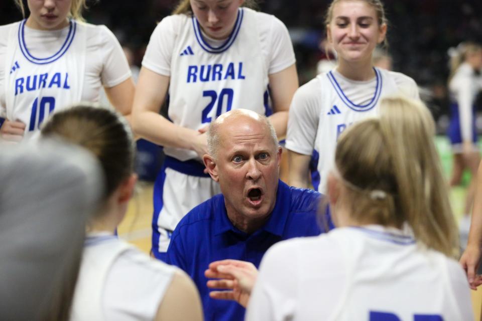 Washburn Rural's Kevin Bordewick talks to his team during a timeout against Derby in the Class 6A State Tournament Semifinal in Wichita State's Koch Arena on Friday, March 8.