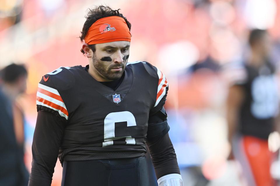 Oct 31, 2021; Cleveland, Ohio, USA; Cleveland Browns quarterback Baker Mayfield (6) walks off the field after the Browns lost to the Pittsburgh Steelers at FirstEnergy Stadium. Mandatory Credit: Ken Blaze-USA TODAY Sports