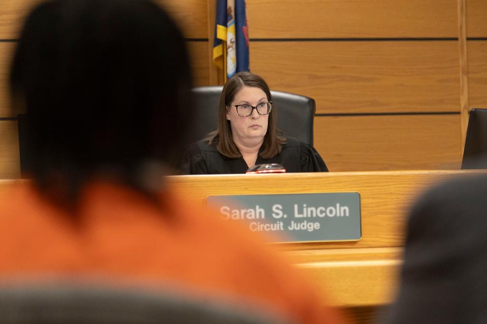 Judge Sarah S. Lincoln listens to remarks from Christopher Mark Williams, father of victim Christopher Williams, during sentencing of defendant Cameron James at Calhoun County Circuit Court on Friday, June 21, 2024.