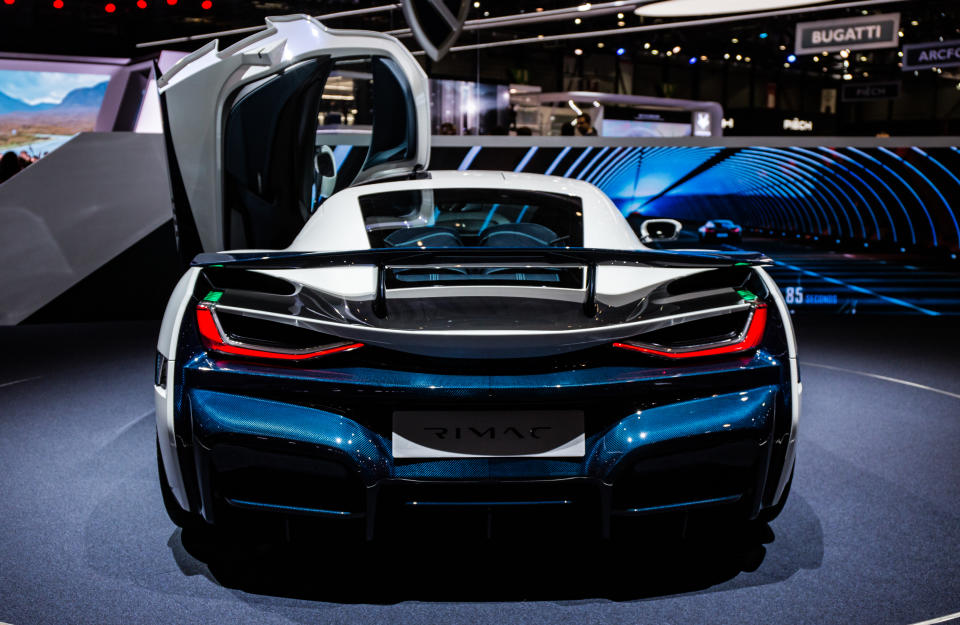 GENEVA, SWITZERLAND - MARCH 16: The Rimac C Two at the Geneva International Motorshow 2019. Unveiled at the 2018 Geneva Motor Show, it is the automaker's second car after the Rimac Concept One and is described as a significant technological leap, dubbed "a car alive with technology". The exterior was designed by the Croatian-born Austrian Adriano Mudri. (Photo by Martyn Lucy/Getty Images)