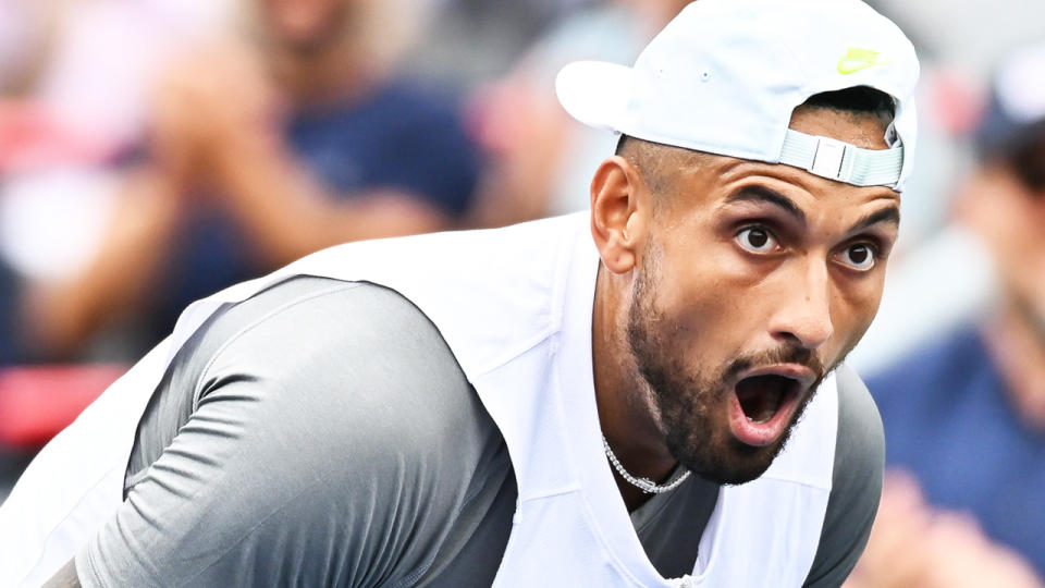 Nick Kyrgios looks on in disbelief after a shot against Hubert Hurkacz at the Montreal Masters.