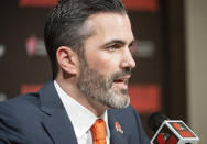 Cleveland Browns new NFL football head coach Kevin Stefanski answers a question during a news conference at FirstEnergy Stadium in Cleveland, Tuesday, Jan. 14, 2020. (AP Photo/Phil Long)