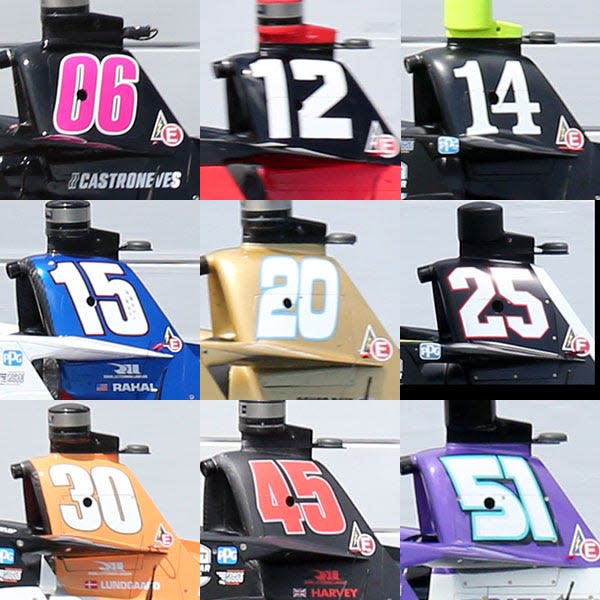 These 2022 Indianapolis 500 numbers have interesting stories: Top row, from left, 06. Helio Castroneves; 12. Will Power; 14. Kyle Kirkwood. Middle row, from left, 15. Graham Rahal; 20. Conor Daly; 25. Stefan Wilson. Bottom row, from left, 30. Christian Lundgaard; 45. Jack Harvey; 51. Takuma Sato.