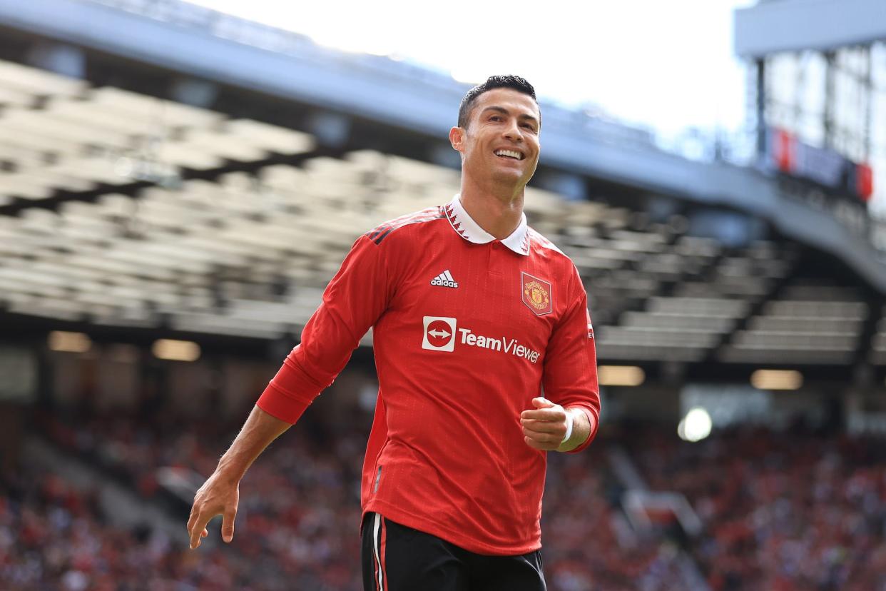 Cristiano Ronaldo of Manchester United smiles during the Pre-Season Friendly match between Manchester United and Rayo Vallecano at Old Trafford.