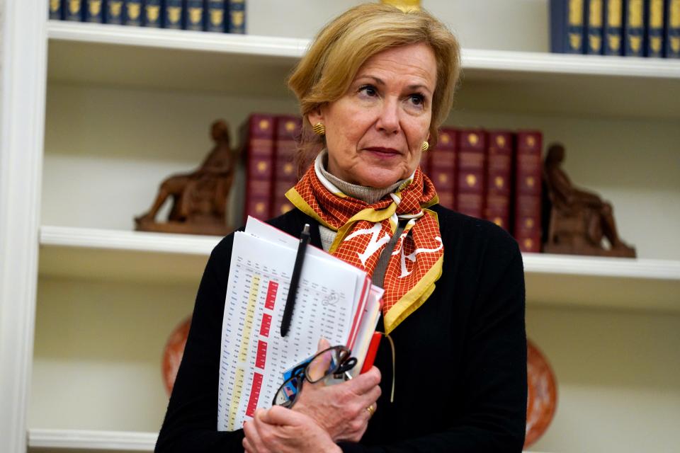 White House coronavirus response coordinator Dr. Deborah Birx listens during an event in honor of World Nurses Day in the Oval Office of the White House, May 6, 2020, in Washington. 