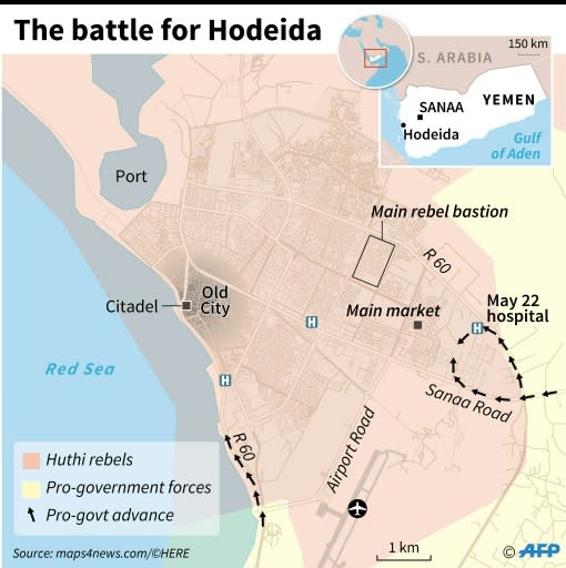 Map of Hodeida locating positions of fighting forces and major landmarks