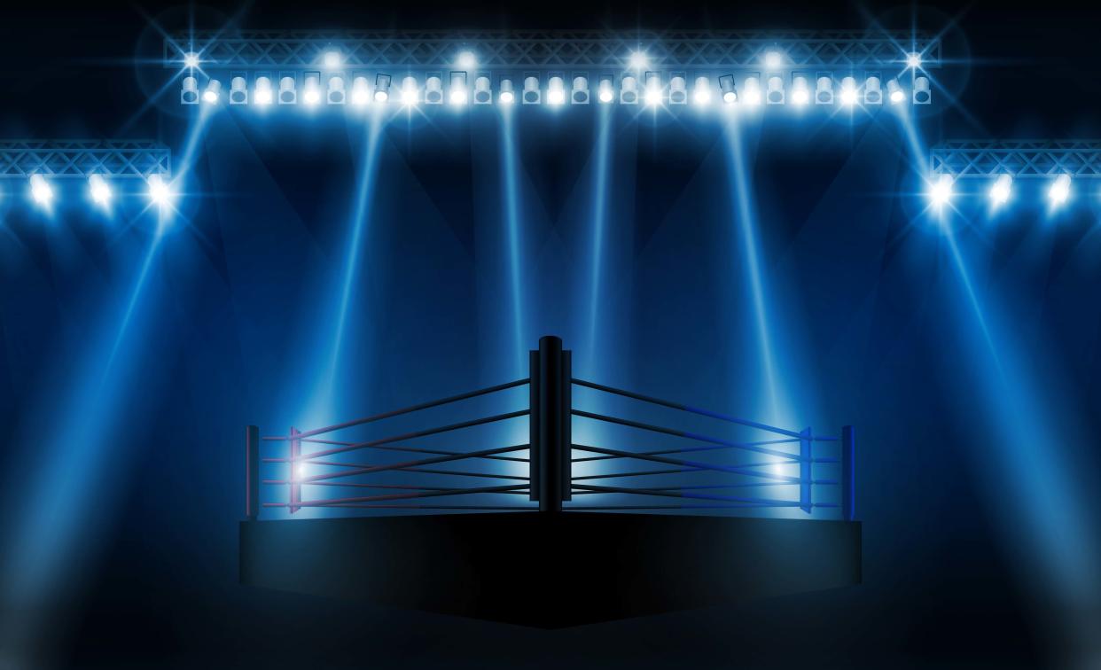 Boxing ring arena vs letters for sports and fight competition. Battle and match design. Vector illumination