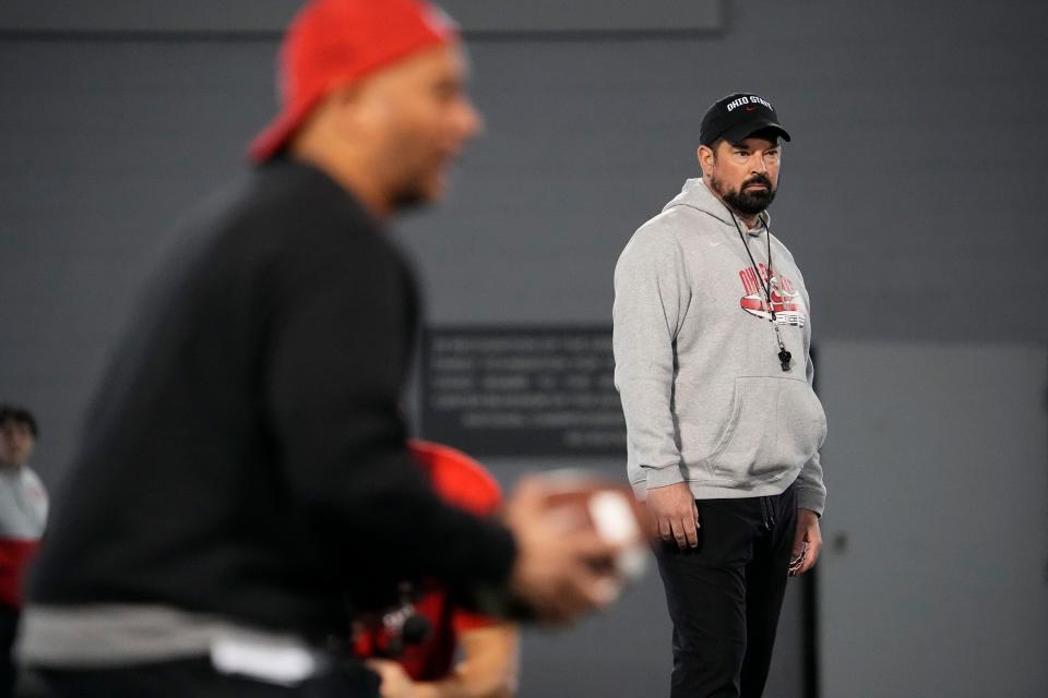 Mar 9, 2023; Columbus, Ohio, USA;  Ohio State Buckeyes head coach Ryan Day watches over spring football practice at the Woody Hayes Athletic Center. Mandatory Credit: Adam Cairns-The Columbus Dispatch