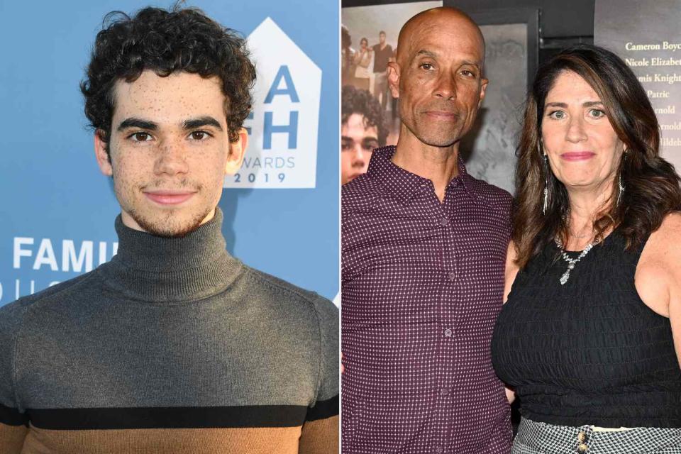 <p>Jon Kopaloff/Getty; ROBYN BECK/AFP via Getty</p> Cameron Boyce (left) and his parents Victor and Libby Boyce, who reflected on his death