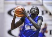 FILE - In this June 5, 2020, file photo, basketball player Awak Kuier of Finland is pictured during a training session in Helsinki, Finland. The Dallas Wings basically control the WNBA draft on Thursday night, April 15, 2021, with the top two picks and four first-round choices. Wings President and General Manager Greg Bibb said that the franchise is looking at a number of players for the top two picks and he hasn't been shy about heaping praise on Finnish player Awak Kuier. (Markku Ulander/Lehtikuva via AP)