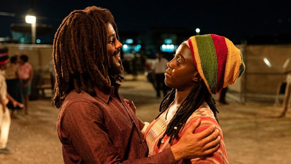 PHOTO: This image released by Paramount Pictures shows Kingsley Ben-Adir, left, and Lashana Lynch in 'Bob Marley: One Love.'  (Chiabella James/Paramount Pictures via AP)