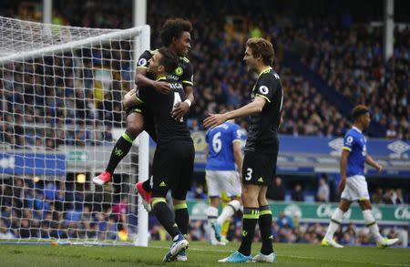 Britain Football Soccer - Everton v Chelsea - Premier League - Goodison Park - 30/4/17 Chelsea's Willian celebrates scoring their third goal with Cesc Fabregas and Marcos Alonso Reuters / Phil Noble Livepic