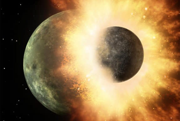 This artist's illustration depicts a giant impact between the early Earth and a Mars-size object, a cataclysmic collision thought to have created the moon about 4.5 billion years ago.