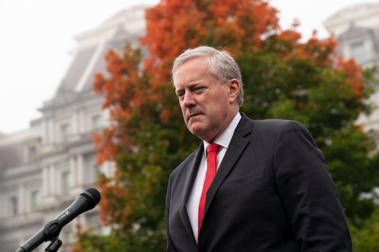 White House chief of staff Mark Meadows speaks with reporters at the White House on Oct. 21, 2020, in Washington. A federal judge in Atlanta is set to hear arguments Monday, Aug. 28, 2023, on whether Mark Meadows should be allowed to fight the Georgia indictment accusing him of participating in an illegal scheme to overturn the 2020 election in federal court rather than in a state court.