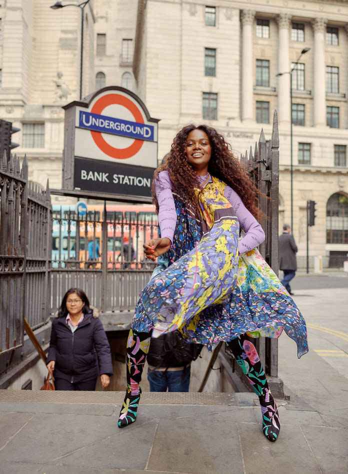 <p>Silver in a Balenciaga&nbsp;dress, top, and pantashoes. Photo by Charlotte Hadden.</p>