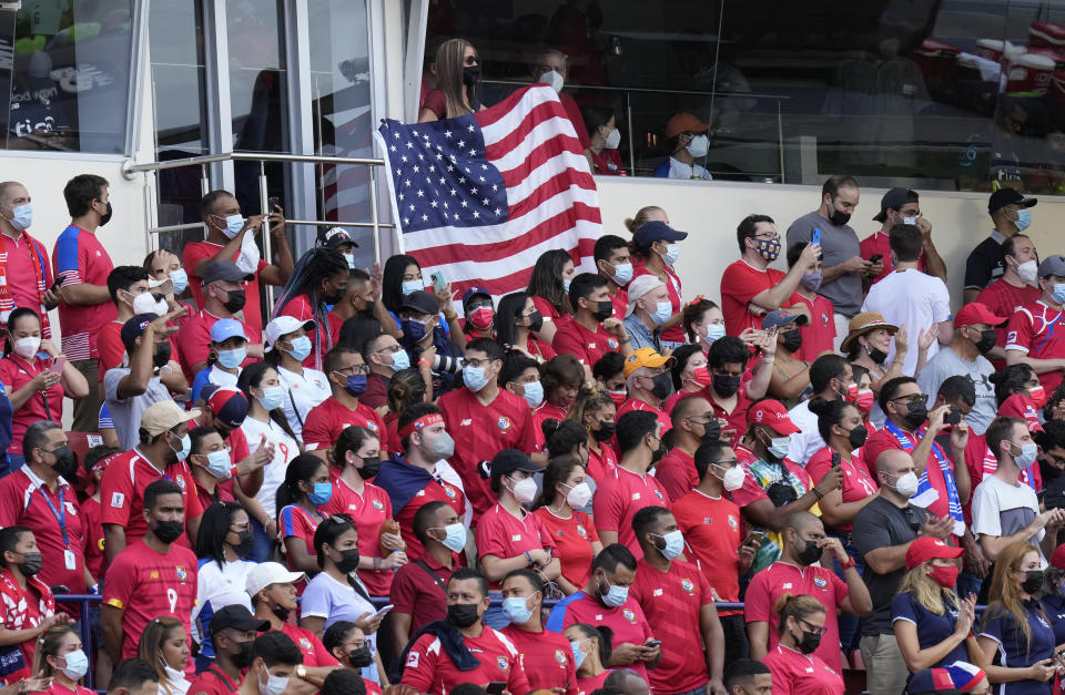 Fans of United States wait for a qualifying soccer match against Panama for the FIFA World Cup Qatar 2022 at Rommel Fernandez stadium, Panama city, Panama, Sunday, Oct. 10, 2021. (AP Photo/Arnulfo Franco)