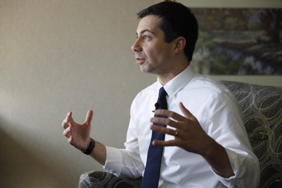 Democratic presidential candidate South Bend, Ind., Mayor Pete Buttigieg speaks during an interview with The Associated Press, Monday, Dec. 30, 2019, in Fort Madison, Iowa. (AP Photo/Charlie Neibergall)