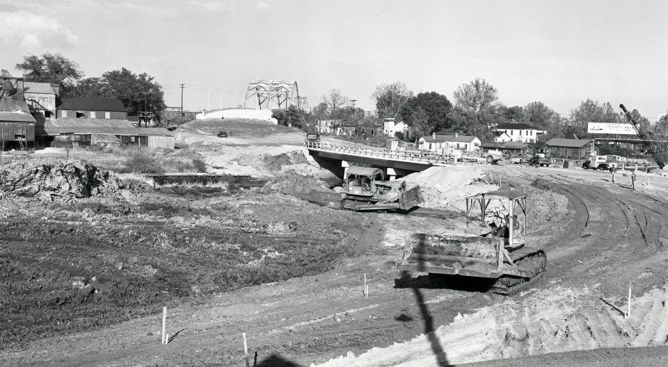 Construction underway in November 1956 of I-95 looking north toward the recently completed McCoy's Bridge, at what would become the junction of I-10 in Jacksonville.