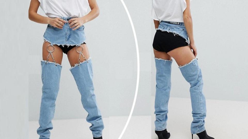 <p>Asos überrascht in regelmäßigen Abständen mit schrägen bis gewagten Jeans-Kreationen. So wie mit diesem Modell, das ganz ohne Stoff am Po auskommt und auf der Vorderseite von metallischen Ringen und Ketten zusammengehalten wird. Defintiv nichts für kalte Tage! (Bild: Asos) </p>