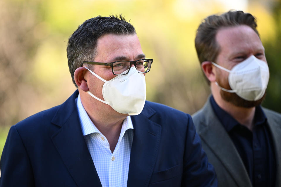 Victorian Premier Daniel Andrews seen wearing a P2/N95 face mask during a press conference in Melbourne, Tuesday, August 9, 2022