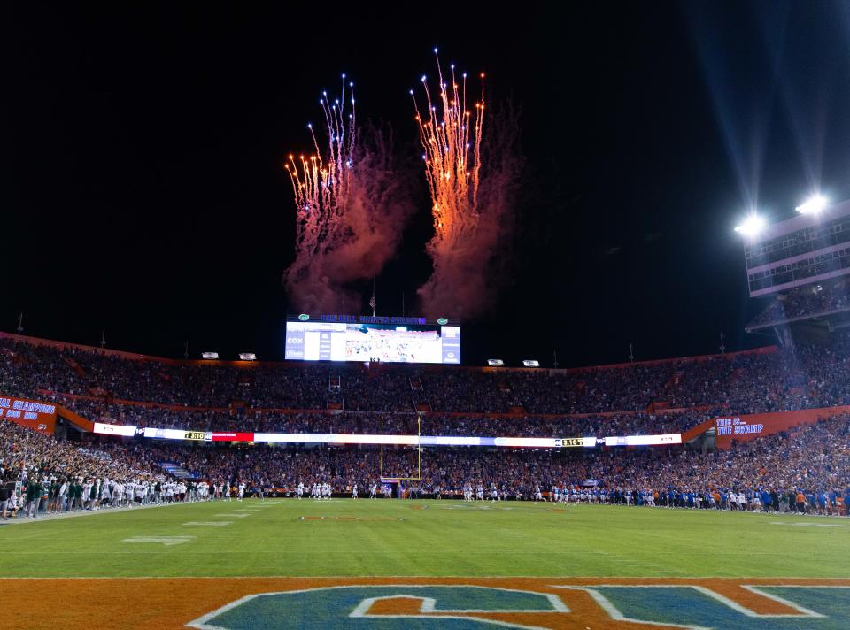 A touchdown is celebrated with fireworks during the first half at Steve Spurrier Field at Ben Hill Griffin Stadium in Gainesville on Sept. 17.