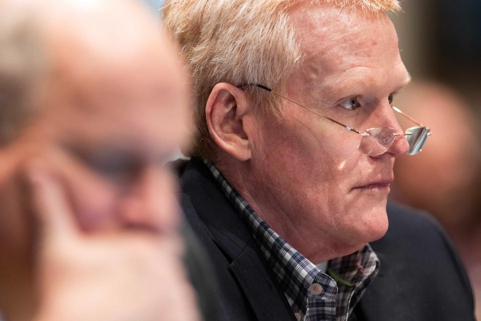 Jan 30, 2023; Walterboro, SC, USA; Alex Murdaugh listens to testimony from SLED’s Jeff Croft during his trial for murder at the Colleton County Courthouse on Monday, January 30, 2023. Mandatory Credit: Joshua Boucher/Pool via USA TODAY NETWORK