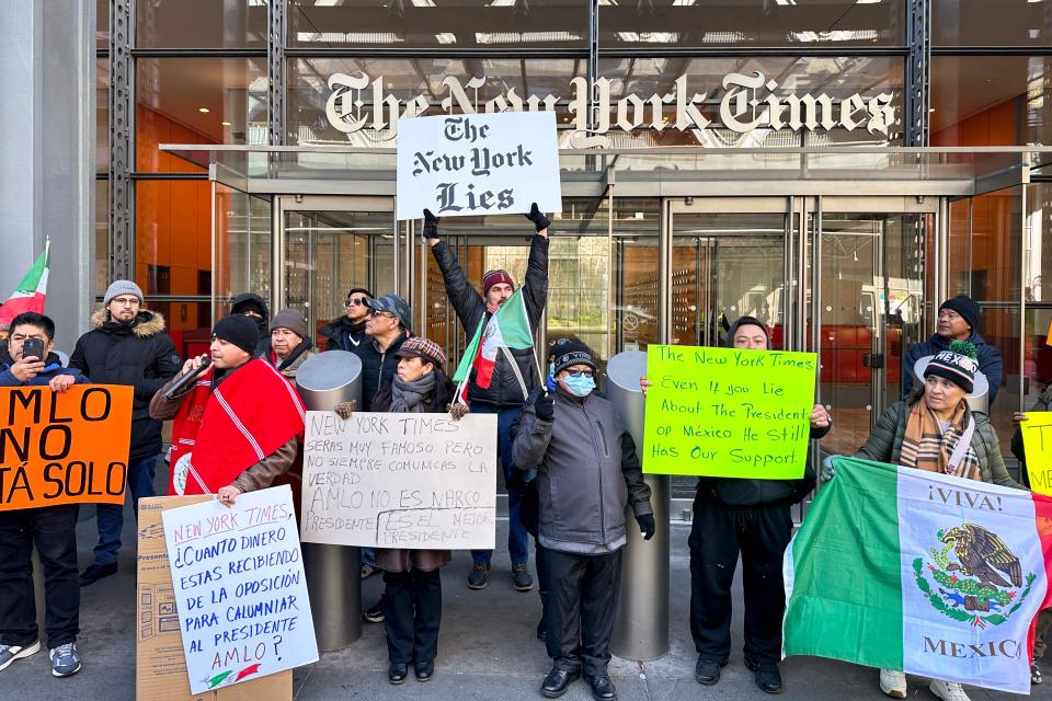 Supporters of Mexican president Andrés Manuel López Obrador protest in front of the New York Times headquarters in New York on Feb. 25, 2024. Press freedom groups said the president's decision to make public the phone number of a New York Times reporter last week was an attempt to punish critical reporting and exposed the reporter to potential danger.