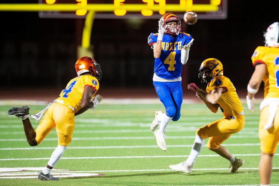 North All-Star wide receiver Adam Aguilar (4) representing Los Banos, catches a pass during the Merced County All-Star Football Game at Golden Valley High School in Merced, Calif., on Saturday, June 15, 2024. The South All-Stars beat the North All-Stars 33-20.