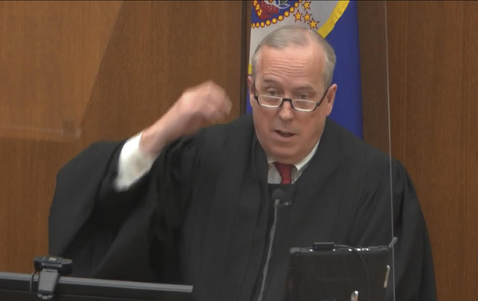 In this image from video, Hennepin County Judge Peter Cahill discusses motions before the court Thursday, April 15, 2021, in the trial of former Minneapolis police officer Derek Chauvin, at the Hennepin County Courthouse in Minneapolis. Chauvin is charged in the May 25, 2020, death of George Floyd. (Court TV via AP, Pool)