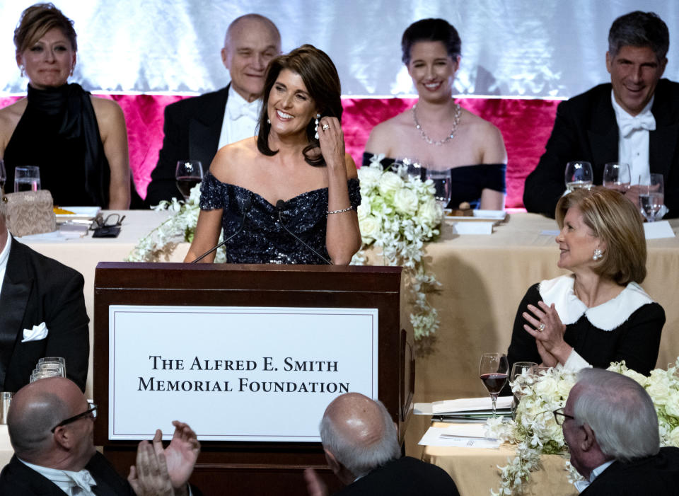 Keynote speaker Ambassador to the United Nations Nikki Haley addresses the 73rd Annual Alfred E. Smith Memorial Foundation Dinner Thursday, Oct. 18, 2018, in New York. (AP Photo/Craig Ruttle)