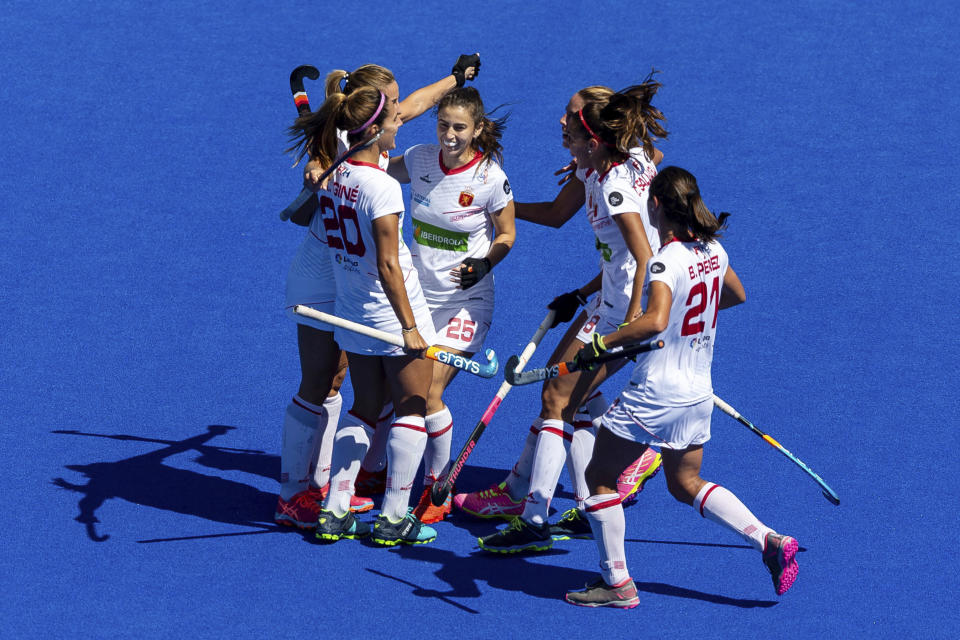 Spain's Alicia Magaz celebrates scoring her team's first goal during the bronze medal match between Spain and Australia of the Women's Hockey World Cup at the Lee Valley Hockey and Tennis Centre in London, Sunday Aug. 5 2018. (Paul Harding/PA via AP)