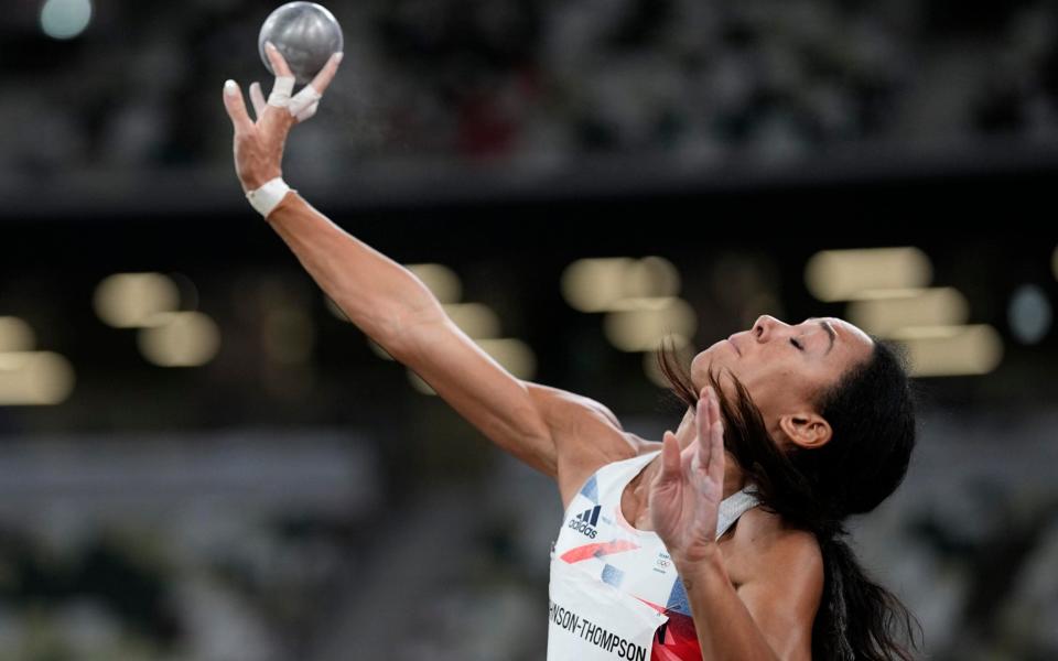 Katarina Johnson-Thompson competes in the heptathlon shot put - AP