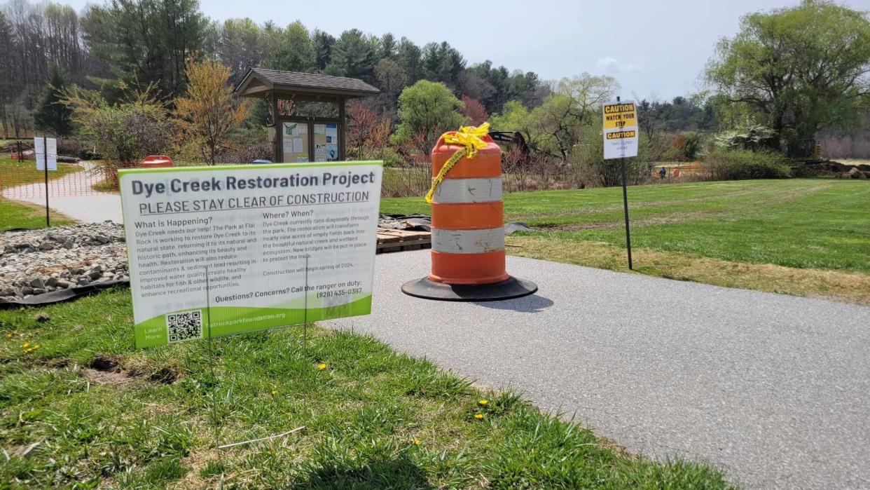 Construction continues on the Dye Creek Restoration Project at The Park at Flat Rock on April 2.