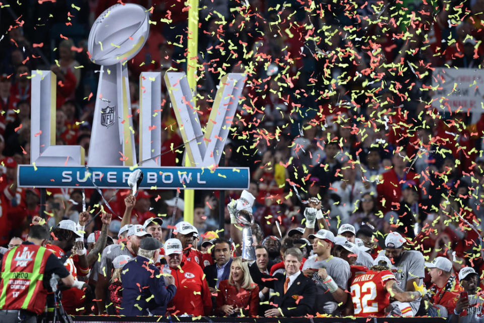 MIAMI, FLORIDA – FEBRUARY 02: The Kansas City Chiefs celebrate after defeating the the San Francisco 49ers in Super Bowl LIV at Hard Rock Stadium on February 02, 2020 in Miami, Florida. The Kansas City Chiefs defeated the San Francisco 49ers with a score of 31-20. (Photo by Al Bello/Getty Images)