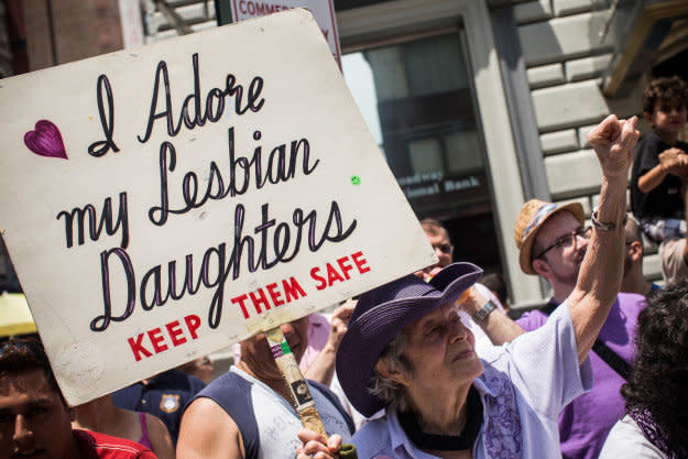 For over 30 years, Frances Goldin has <a href="http://www.huffingtonpost.com/entry/frances-goldin-pride-sign_us_57d978c9e4b0fbd4b7bcbd85">held the same beautiful sign at the NYC Pride march</a>:&nbsp;&ldquo;I Adore My Lesbian Daughters / Keep Them Safe.&rdquo;<br /><br />Now well into her 90s, Goldin attends the festivities in a wheelchair while still holding that same sign. She is a powerhouse of a woman who has served as an outspoken advocate for the LGBTQ community since both of her daughters came out in the 1970s.<br /><br />Now her sign is a fixture in the annual NYC Pride march that people look for each June.&nbsp;<br /><br />&ldquo;I keep going back because of the reaction to from the marchers,&rdquo; Frances <a href="http://www.huffingtonpost.com/entry/frances-goldin-pride-sign_us_57d978c9e4b0fbd4b7bcbd85">told The Huffington Post.</a>&nbsp;&ldquo;It&rsquo;s so gratifying &ndash; people rushing and kissing me. Some of them say to me, &lsquo;Will you call my mother,?&rsquo; I say, &lsquo;Give me her number!&rsquo; And I do call their parents because theres an organization called <a href="https://www.pflag.org/" target="_blank" data-beacon="{&quot;p&quot;:{&quot;mnid&quot;:&quot;entry_text&quot;,&quot;lnid&quot;:&quot;citation&quot;,&quot;mpid&quot;:2,&quot;plid&quot;:&quot;https://www.pflag.org/&quot;}}">PFLAG</a>&nbsp;for parents of gays and lesbians. And I tell them about that organization and urge them to join it because it helps them get over their reluctance.&rdquo;<br /><br />Frances has been an advocate, ally and mother to countless LGBTQ people over the past three decades. For that reason, and many others, she is one of our biggest heroes of 2016.