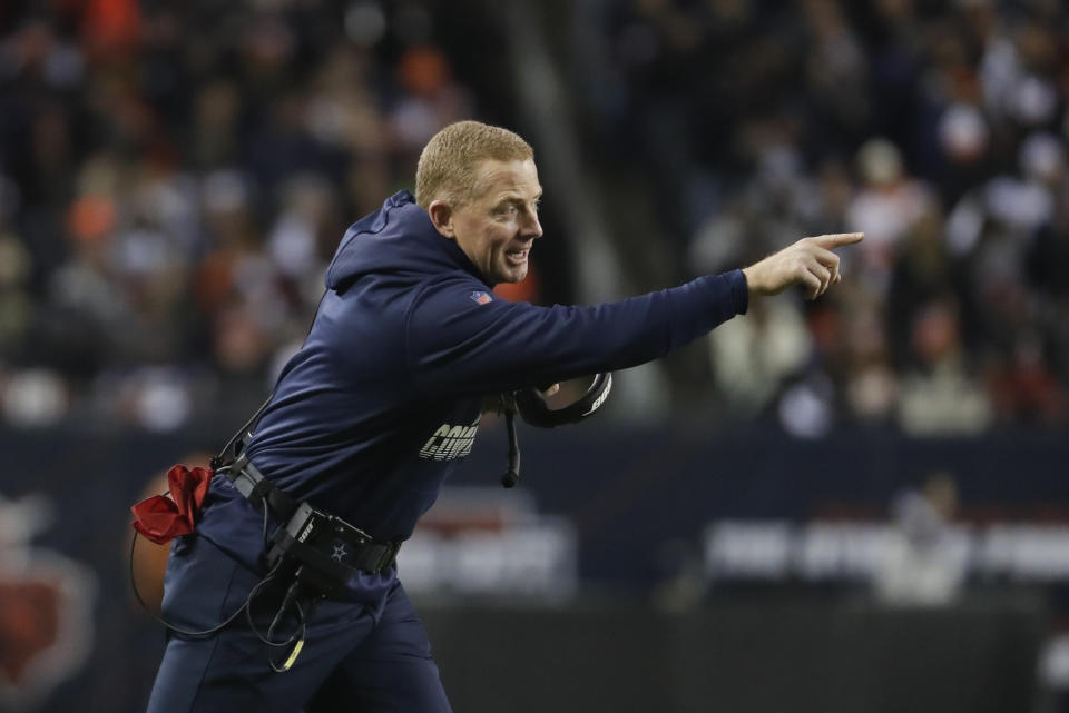 Dallas Cowboys head coach Jason Garrett shouts during the first half of an NFL football game against the Chicago Bears, Thursday, Dec. 5, 2019, in Chicago. (AP Photo/Morry Gash)