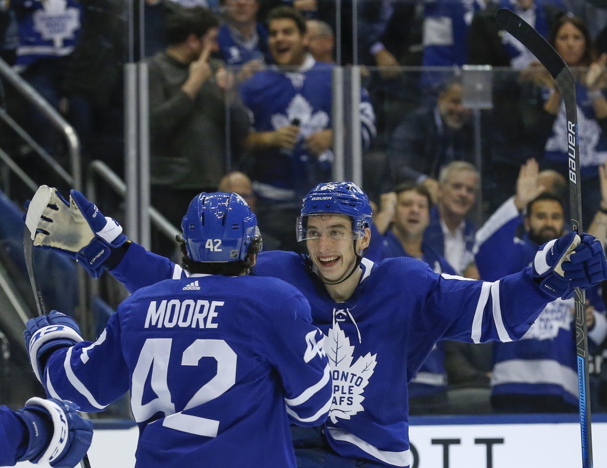 TORONTO, ON - OCTOBER 2: Toronto Maple Leafs left wing Trevor Moore (42) comes to celebrate Toronto Maple Leafs right wing Ilya Mikheyev (65) first NHL goal. Toronto Maple Leafs vs Ottawa Senators during 3rd period play of NHL regular season action at Scotiabank Arena in Toronto. Leafs won 5-3. Toronto Star/Rick Madonik        (Rick Madonik/Toronto Star via Getty Images)