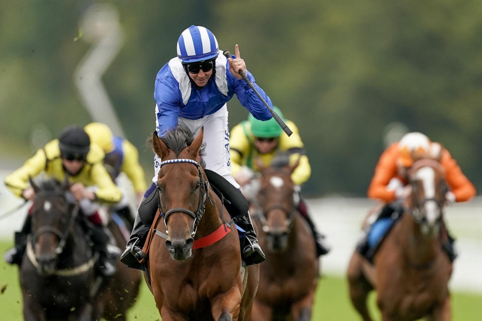 Jim Crowley on board Modmin on their way to winning the The Ladbrokes Supporting 'Children With Cancer UK' Novice Stakes at Goodwood Racecourse, Chichester. Jim Crowley celebrates his two thousandth UK victory in National Hunt and Flat racing